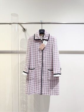 Miu Miu Pink and White Checked Tweed Coat with Black Trim